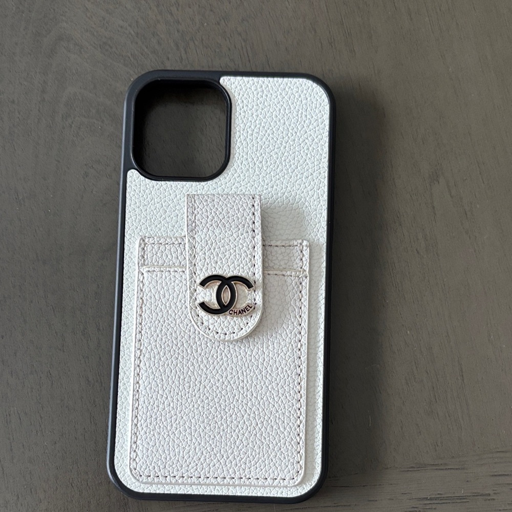 CHANEL Cream Leather Phone Case with Logo